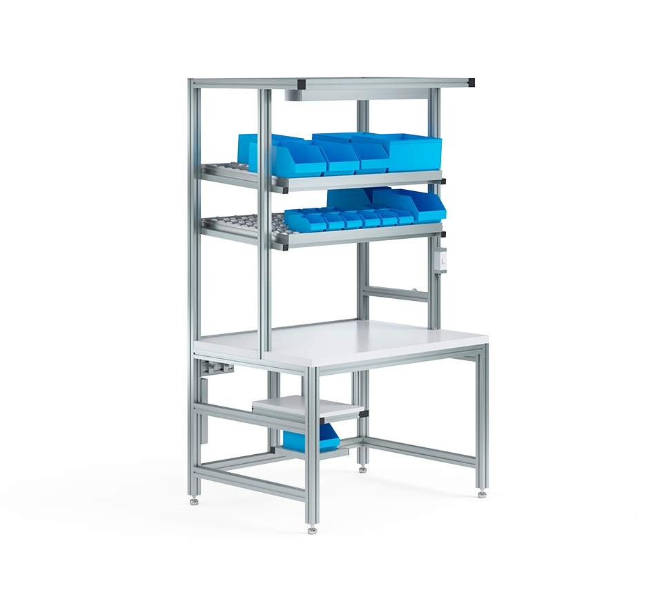 Modularer BLOKSMA Montagearbeitsplatz für ergonomisches Arbeiten in der Produktionslogistik